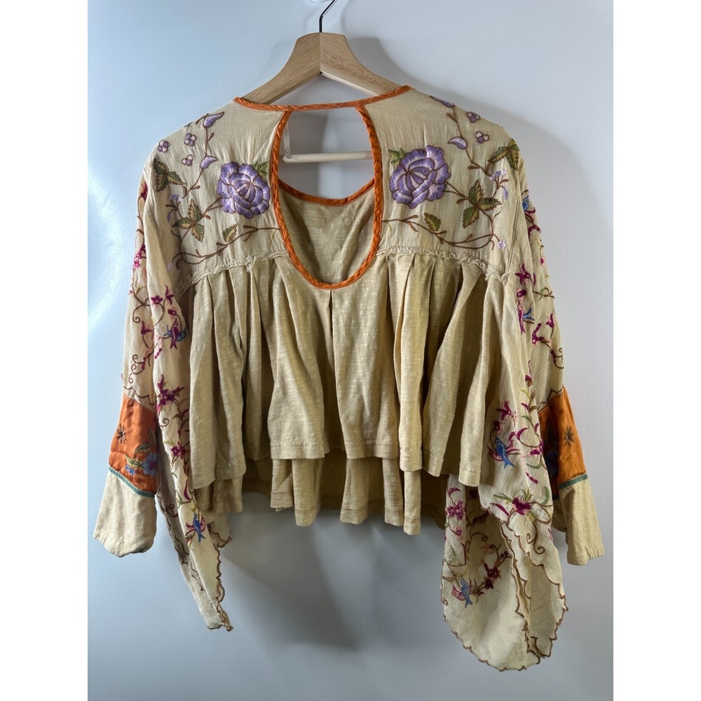 Free People Waiting On A Sunny Day Top Embroidered Birds Oversized XS Boho Gypsy - Picture 7 of 13